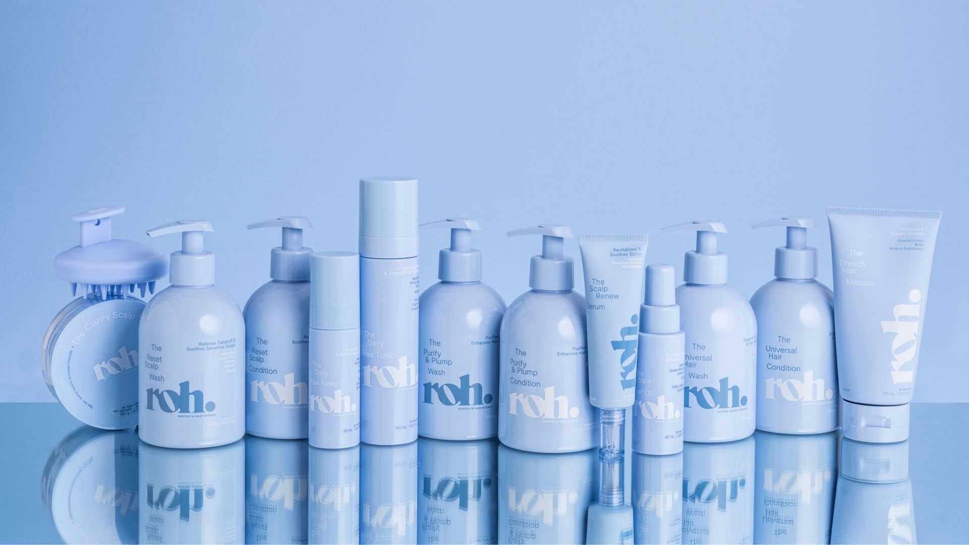 Roh haircare range on blue